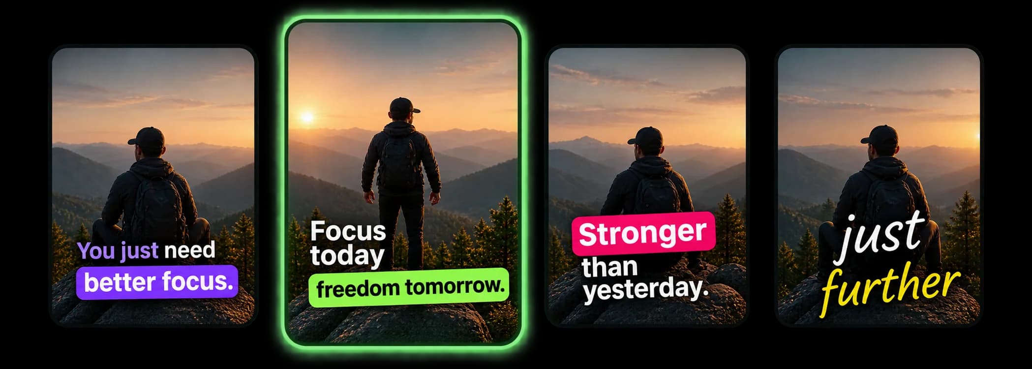 Four caption styles on the same clip: purple highlight, lime highlight, pink box and handwritten script