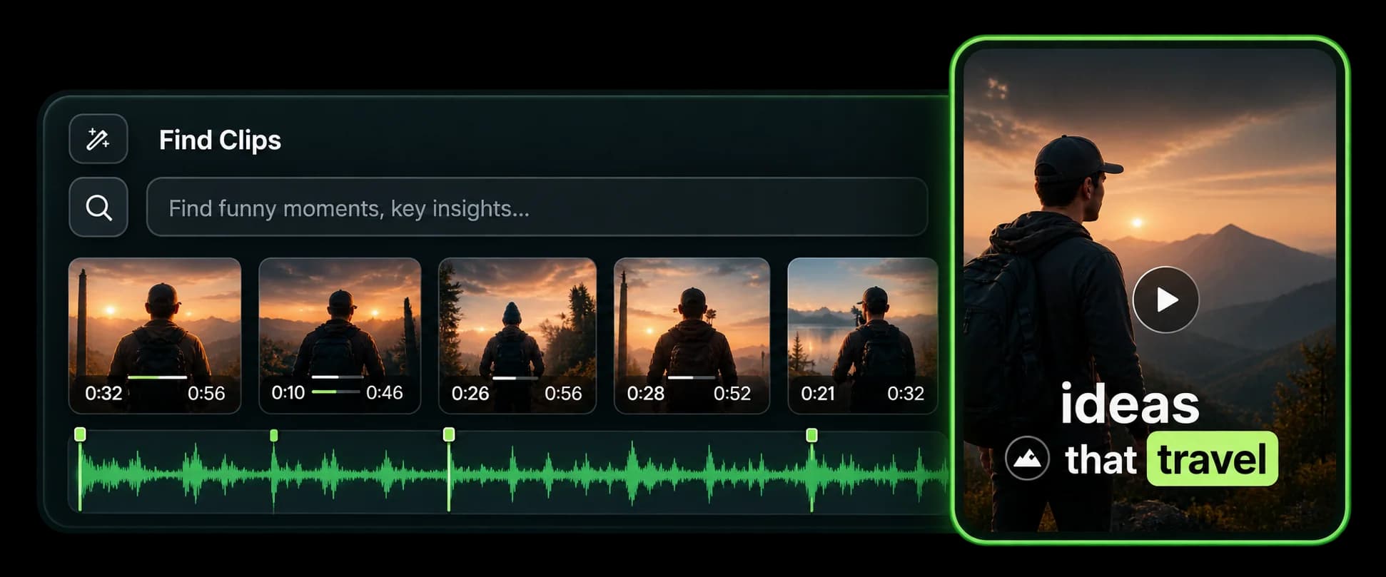 Find Clips panel with a search box, suggested moments on a waveform and a vertical clip preview