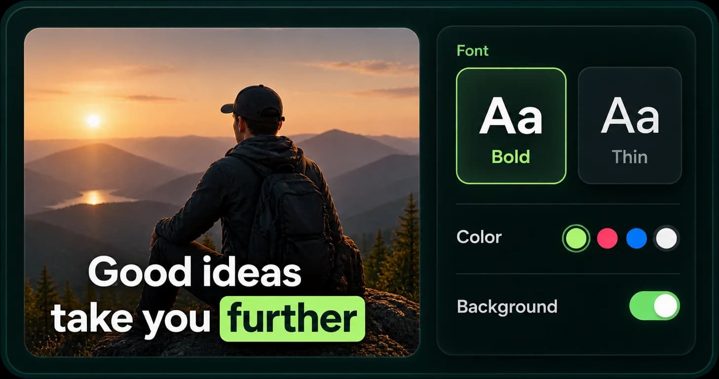 Caption editor showing a bold lime-highlight caption with font, colour and background controls